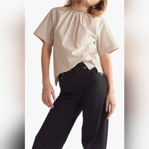 Thakoon Women's Top Smocked Neck Tee Beige Short Sleeve Cotton Poplin Sz XS NWT